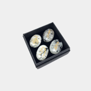Reiki-Steine-Set mit Goldsymbole in Box in 4 Steinsorten € 17,90/Set VE=1 - Reiki Steineset Mondstein in der Box VE=1